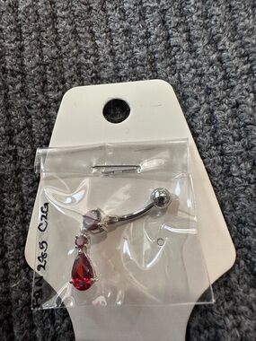 Red Teardrop Belly Button Ring - Silver Tone
